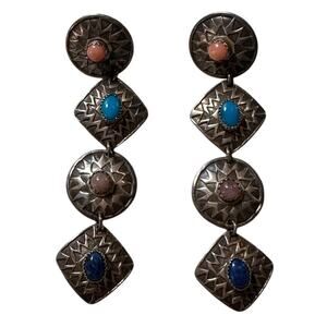 Multi Gemstone Earrings  Silver Southwestern Dangle Pierced